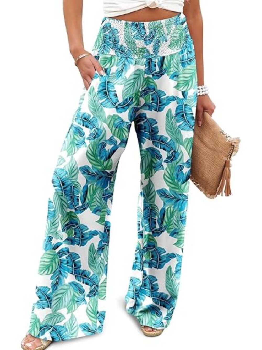 "Light Blue Floral" NEW Stretchy Wide Leg Lounge Palazzo Pants w/Pockets 3XL
